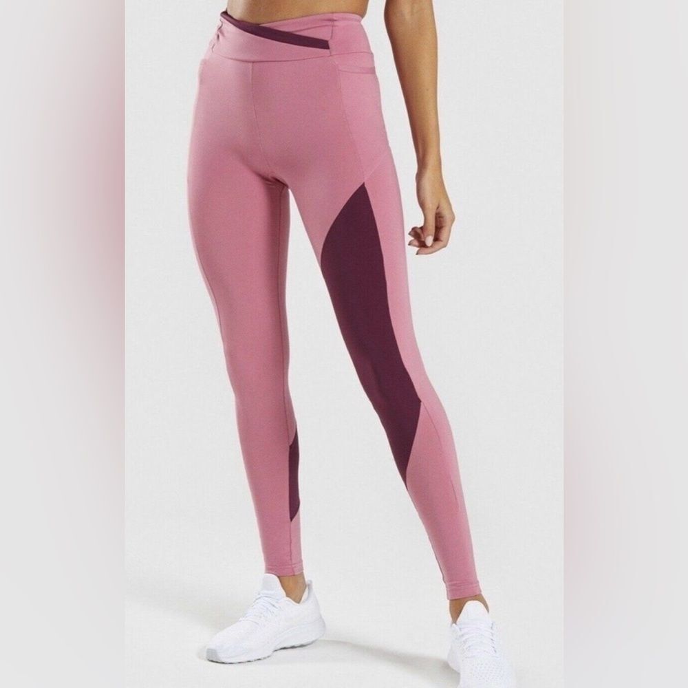 GYMSHARK Asymmetric Leggings Crossover Waist High Rise Dusky Pink/Dark Ruby XS/S